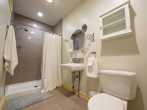 A bathroom with a shower, toilet, sink, and a mirror. -  Downtown Easton Loft Cozy & Secluded - Walkable to shops, restaurants, & river (Easton)