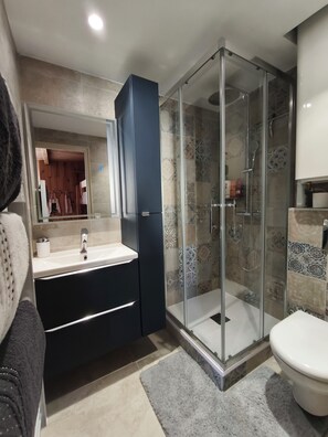 Shower, hair dryer, towels, soap
