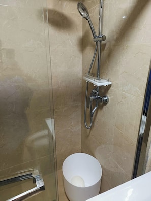 Regadera, secadora de cabello, bidet, toallas