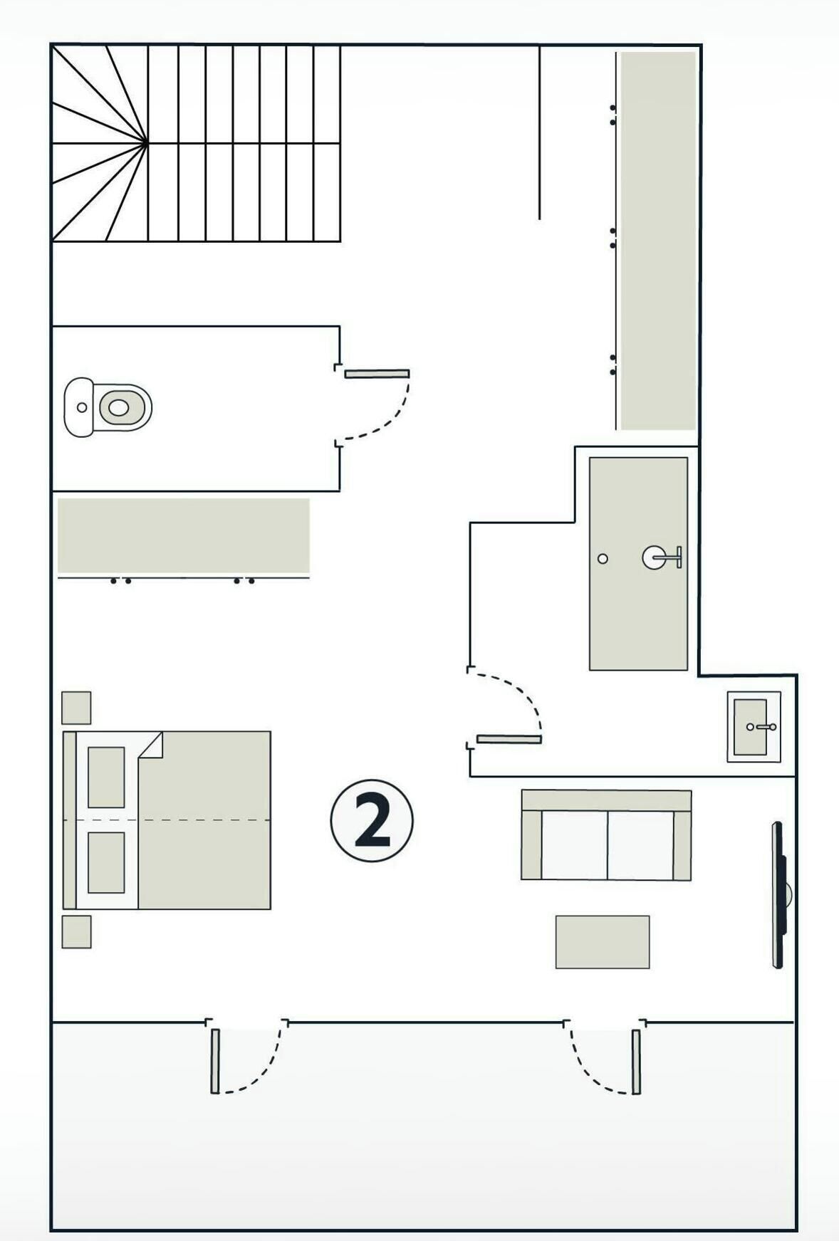 Pianta degli ambienti con cucina, zona pranzo e due camere da letto.