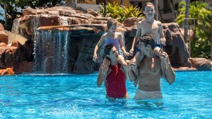 A swimming pool with clear blue water, a waterfall feature, and a rocky backdrop.