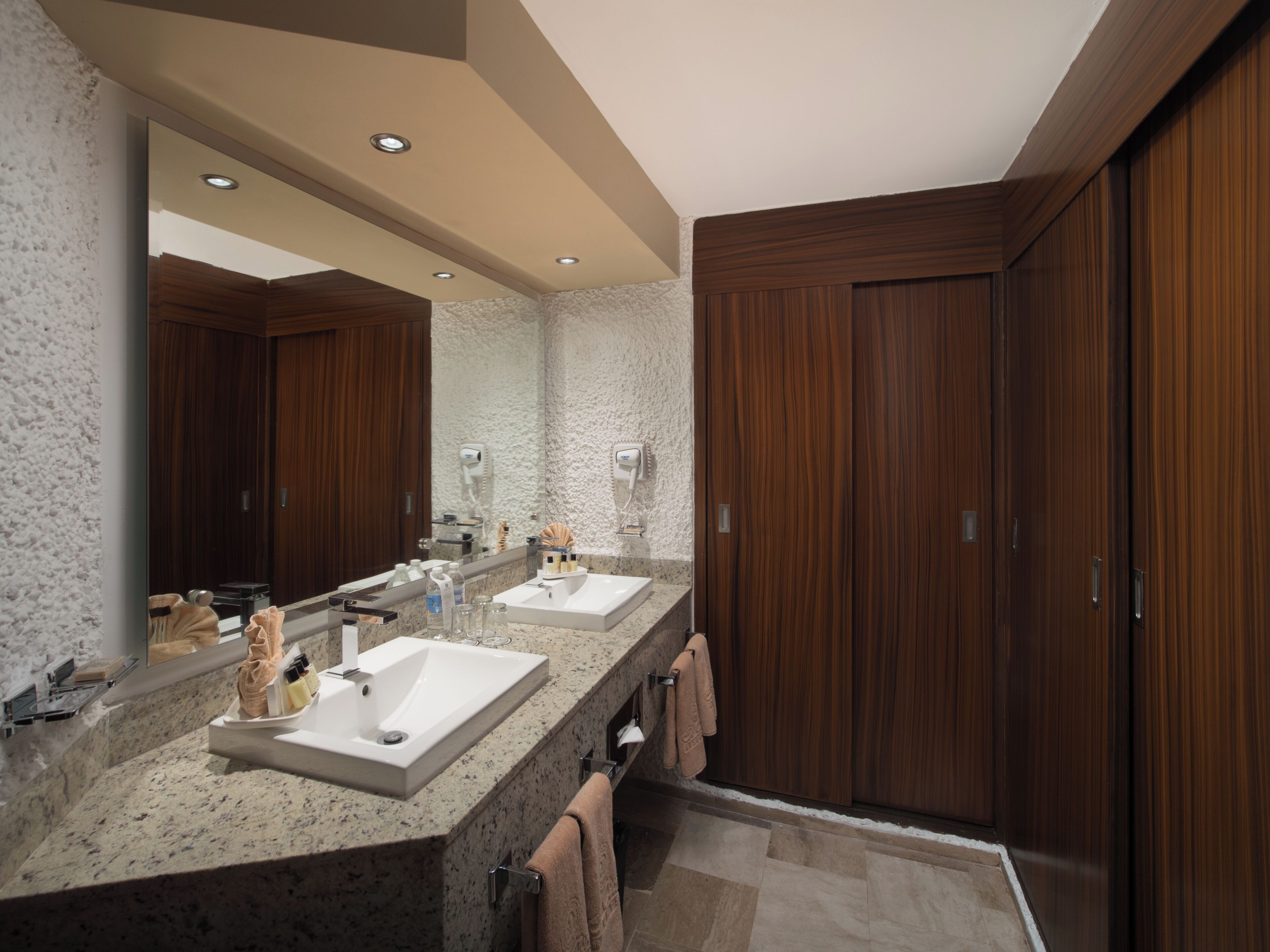 Shower, rainfall showerhead, hair dryer, towels
