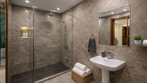 A modern bathroom with a glass-enclosed shower, a white sink, and a mirror. - Park Inn (Port Blair)