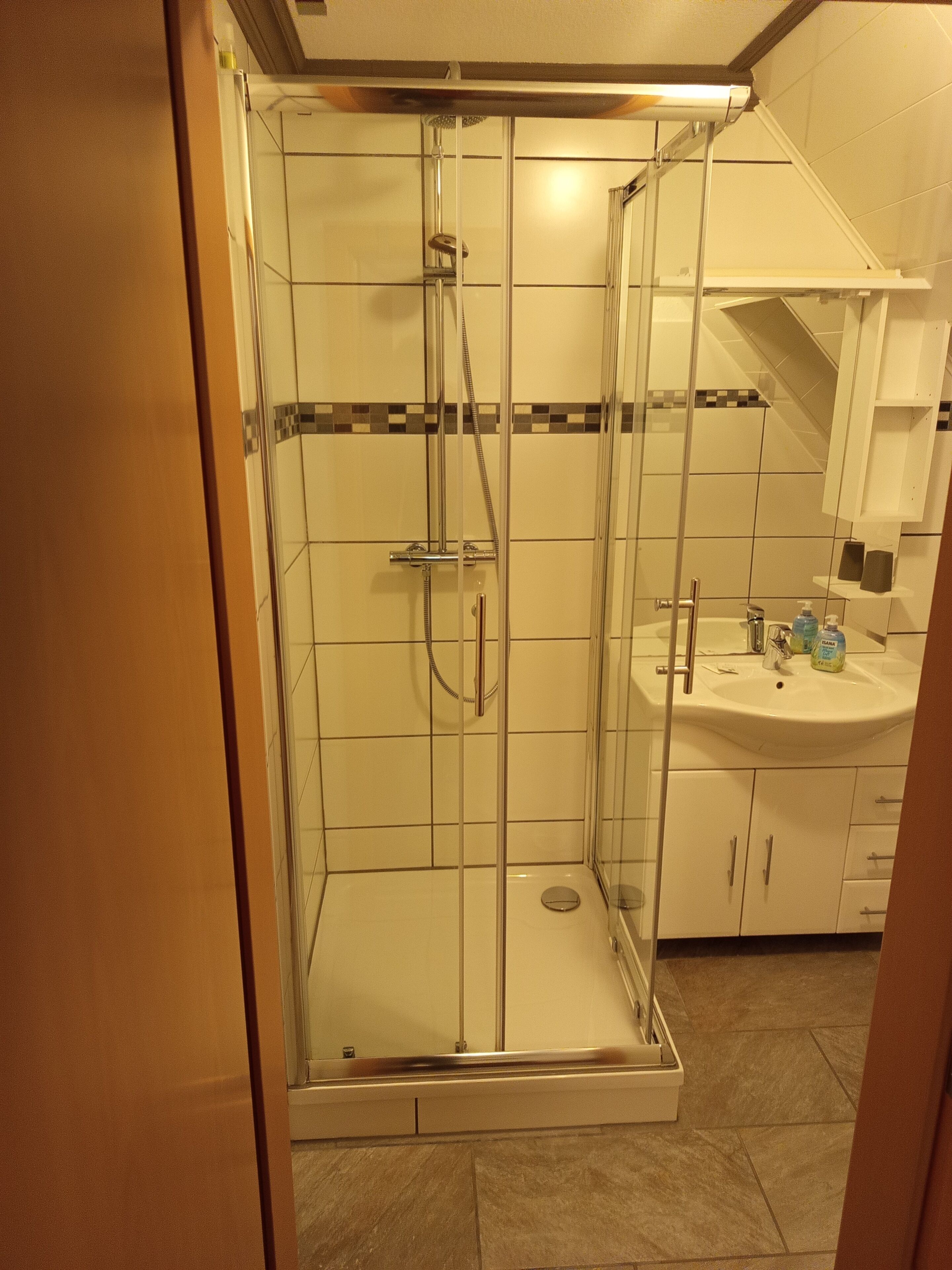 A glass-enclosed shower with a handheld showerhead and a wall-mounted faucet.