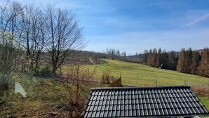 Een landelijk landschap met een houten hut en een metalen dak.