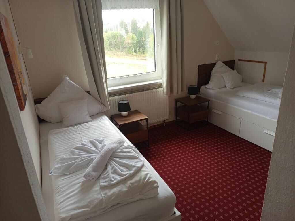 Habitación de hotel con dos camas, una mesita con lámpara, ventana con vista a árboles y alfombra roja con estampado.