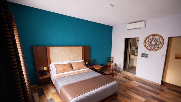 A modern hotel room with a large bed, wooden floor, teal walls, and a decorative wall piece. - Auto Hotel Express (Córdoba)