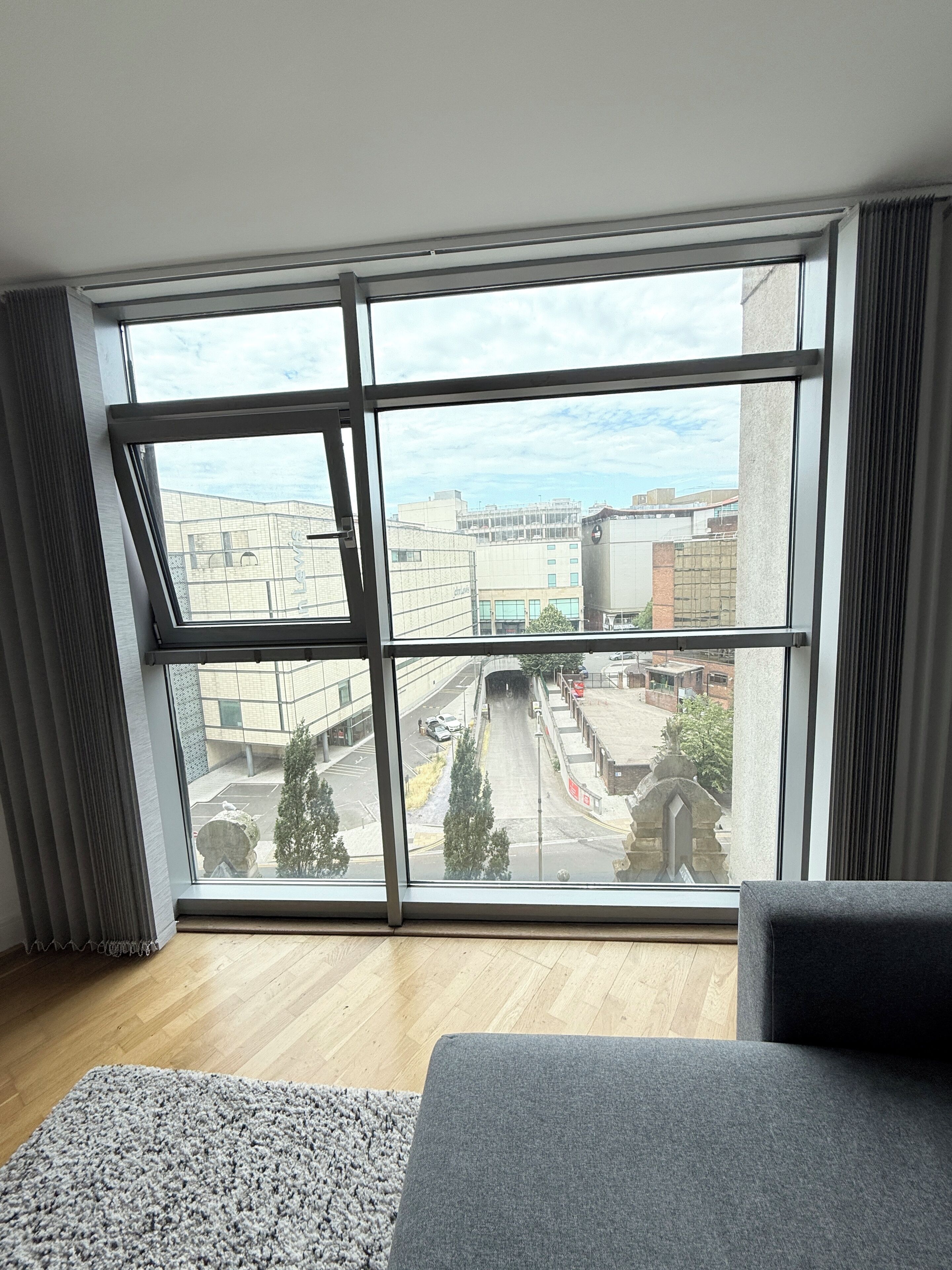 A room with a large window, a grey sofa, and a patterned rug.