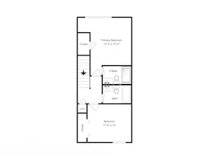 Plano de planta que muestra un dormitorio principal de 4,3 x 4,6 metros, un baño, un aseo y un dormitorio secundario de 3,5 x 3 metros.