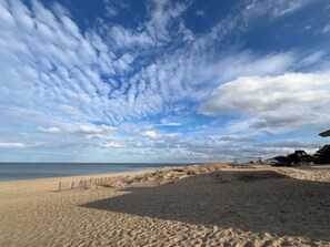 En strand med ett trästaket och sanddyner.