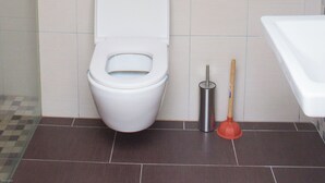 Une salle de bain avec des toilettes, un lavabo et une douche.