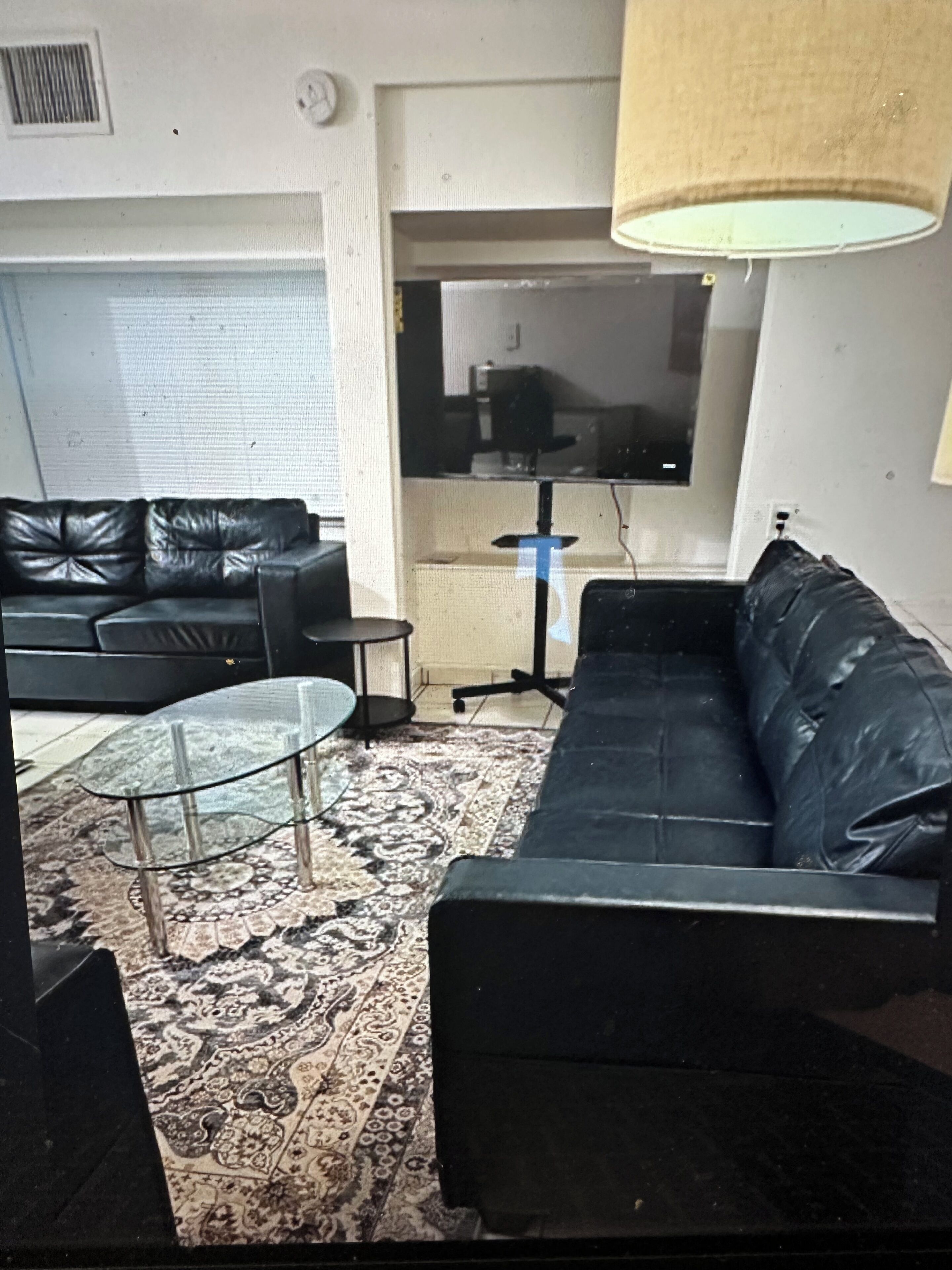 Uma sala de estar com um sofá de couro preto, uma mesa de centro de vidro e um tapete estampado.
