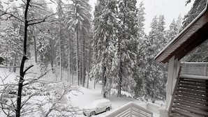En snötäckt skog med en bil parkerad nära en trästuga.