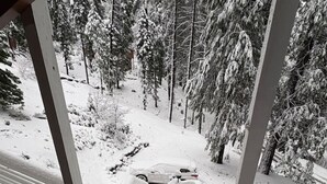 A snow-covered outdoor staircase leading to a porch with a view of a snowy landscape and trees.