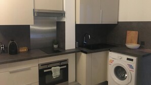 Ett kompakt kök med diskmaskin, ugn, diskho och tvättmaskin.