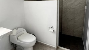 Ein Badezimmer mit Toilette, Dusche und Toilettenpapierhalter.