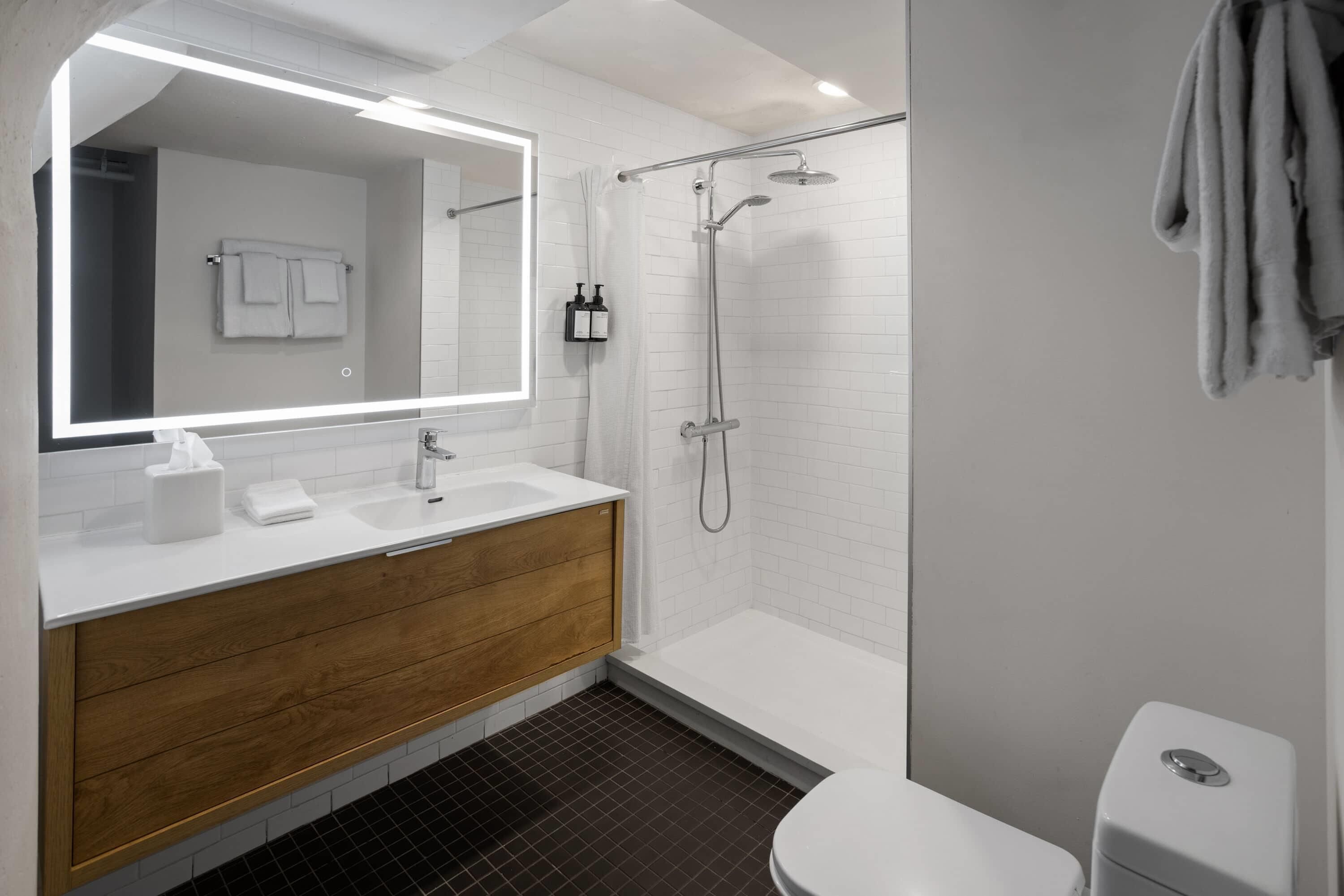 Rainfall showerhead, hair dryer, towels, soap