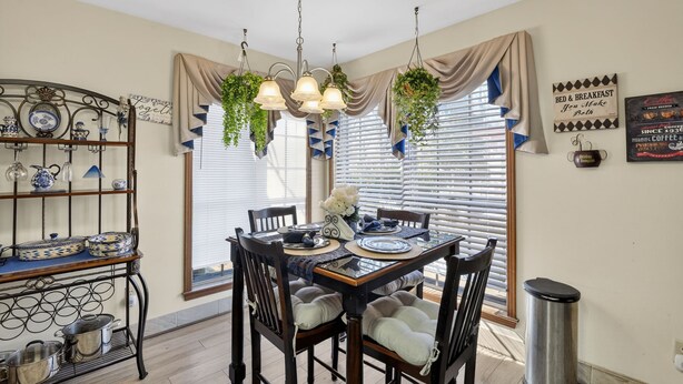 Un coin repas avec une table en bois, des chaises, des plantes suspendues et un lustre.