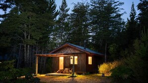 Eine rustikale Holzhütte mit Veranda, umgeben von dichtem Wald.