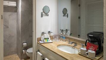 Shower, rainfall showerhead, designer toiletries, hair dryer
