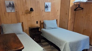 Een kamer in chaletstijl met twee eenpersoonsbedden, houten wanden, een klein tafeltje en een hanglamp.