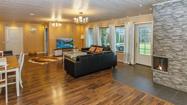Un salon moderne avec une cheminée, un plancher en bois et un grand téléviseur.
