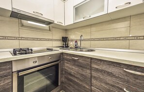 A modern kitchen with a gas stove, oven, and a sink with a faucet. - Cozy apartment in Maslenica with WiFi (Maslenica)