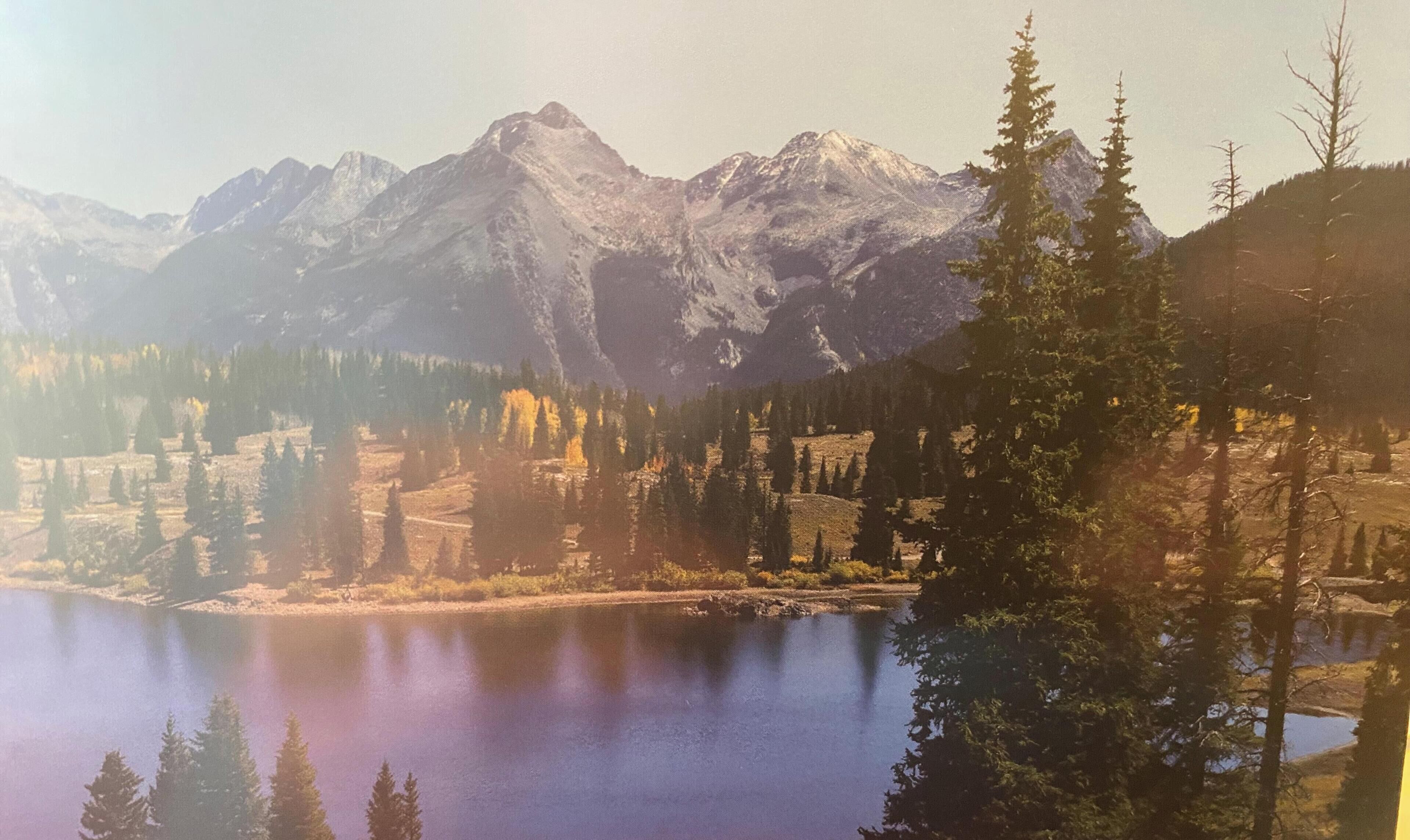 Un paisaje montañoso con un lago y un bosque.