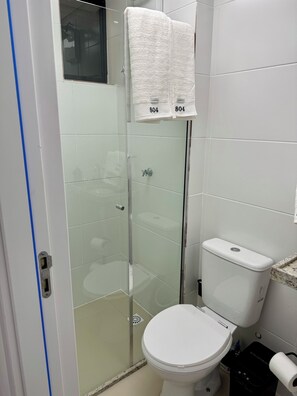 Shower, towels, soap, toilet paper