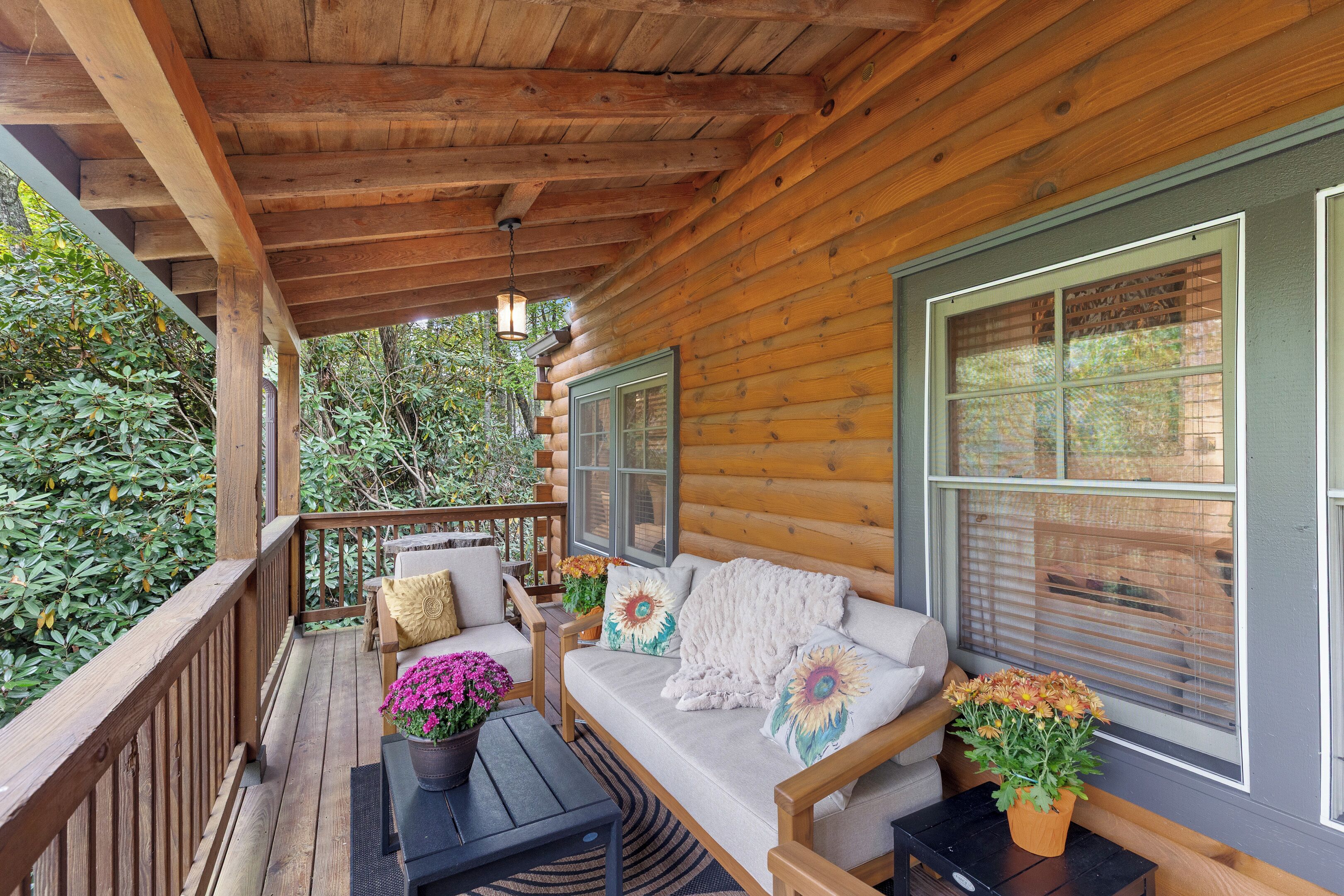 A wooden deck with a sofa, two potted plants, and a table.