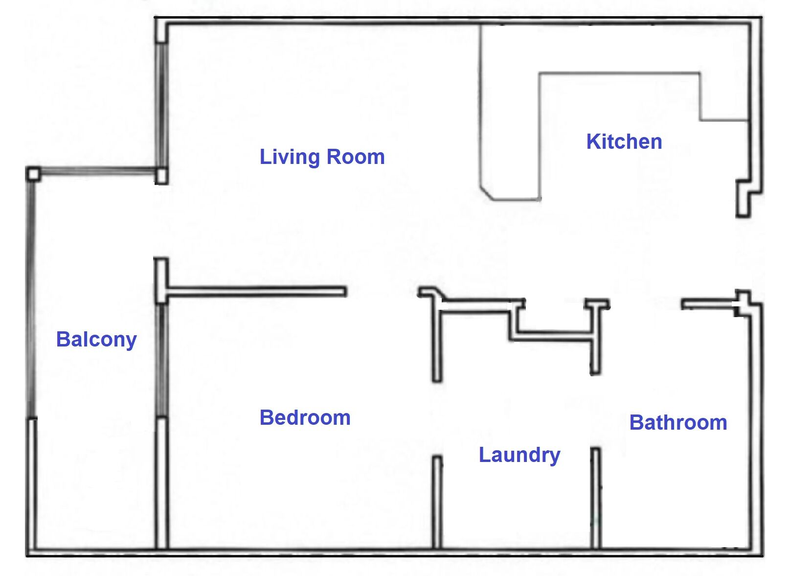 A floor plan with a living room, kitchen, balcony, bedroom, bathroom, and laundry area.
