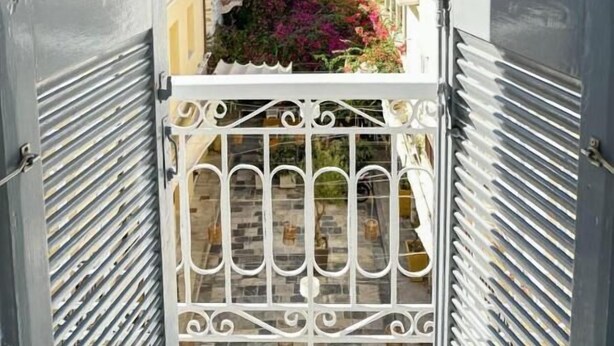 Un balcon doté de rampes en métal, offrant une vue sur un quartier résidentiel avec ses immeubles et ses plantes à fleurs roses.