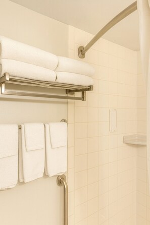 Hair dryer, towels, soap, toilet paper