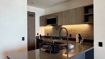 Departamento (1401) | Cocina privada | Refrigerador, microondas, parrilla de estufa y utensilios de cocina