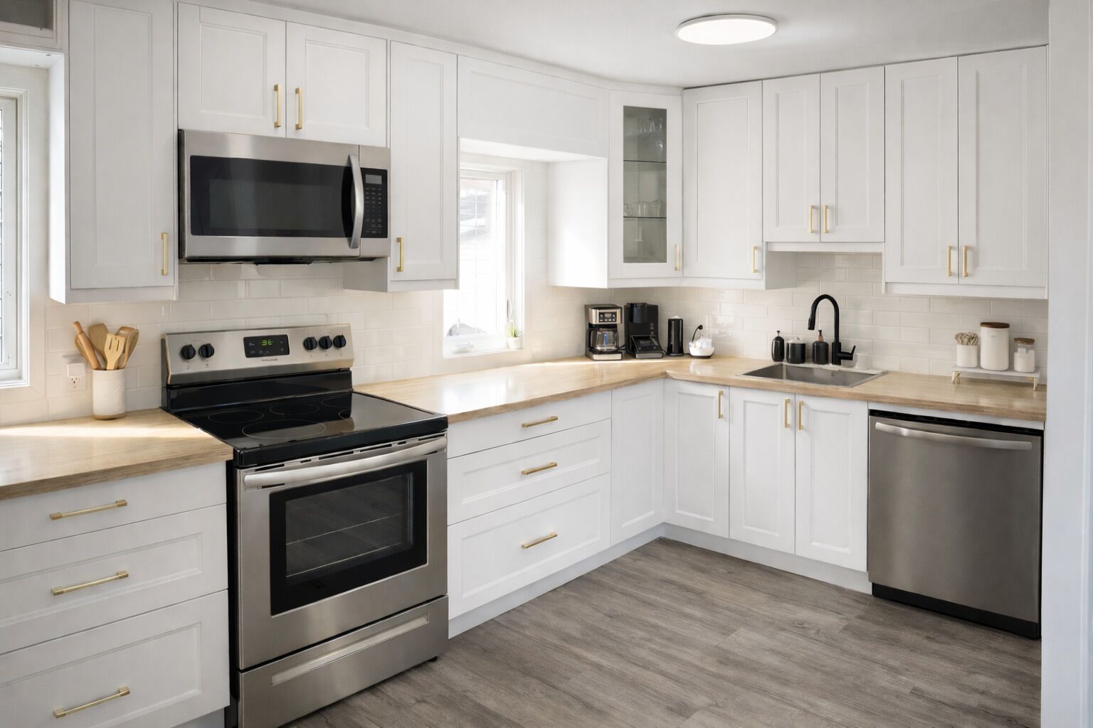 A modern kitchen with white cabinetry, stainless steel appliances, and a wooden countertop.