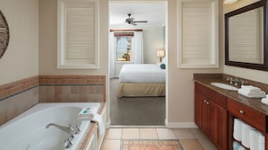 Jetted tub, hair dryer, towels, soap