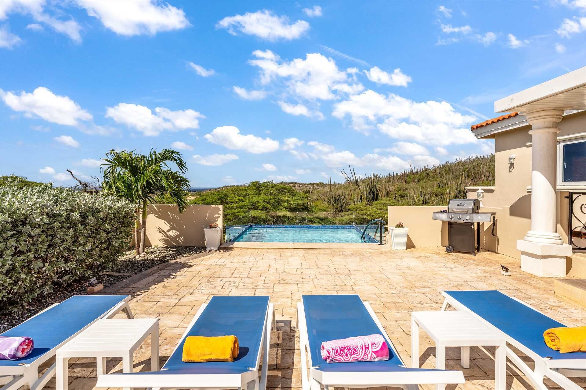A poolside area with lounge chairs, a barbecue, and a view of the landscape.