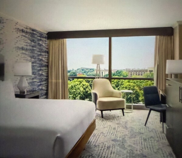 Habitación de hotel con una cama grande, dos sillas, un escritorio y vistas a zonas verdes y edificios.