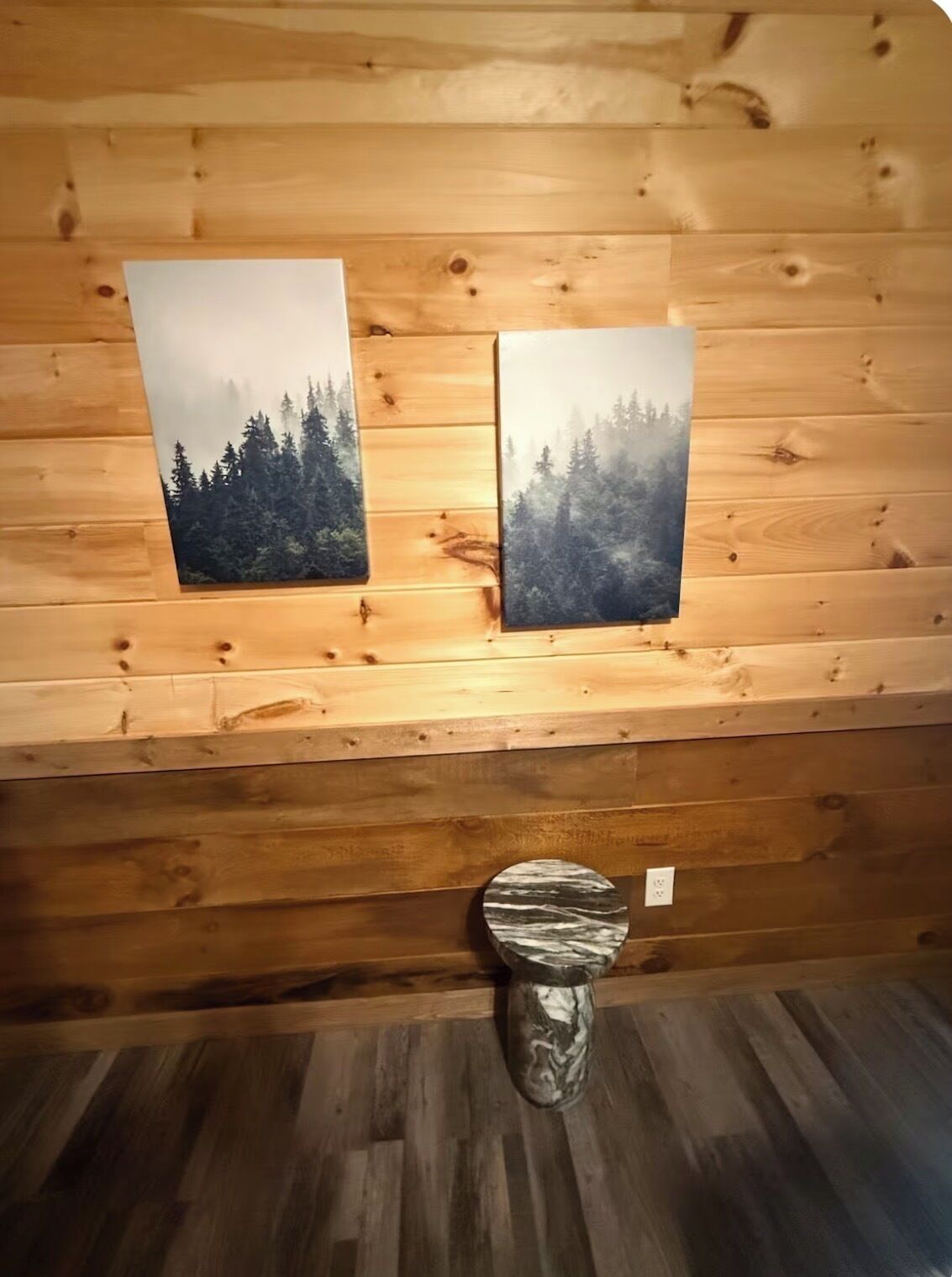 A wooden cabin interior with two framed pictures of forests on the wall, a marble toilet, and a wooden floor.