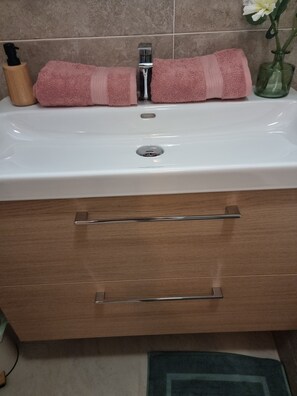 Hair dryer, towels, soap, toilet paper