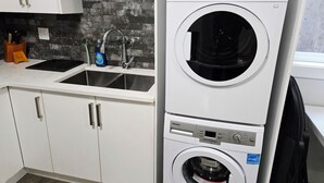 A kitchen with a double sink, a Bosch washing machine, and a dishwasher. - Quiet 2-Bedroom Garden Suite (Surrey)