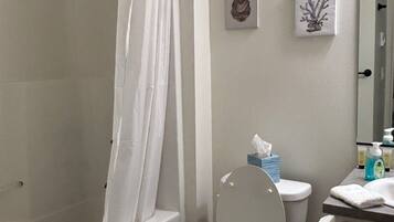 Hair dryer, towels, soap, toilet paper