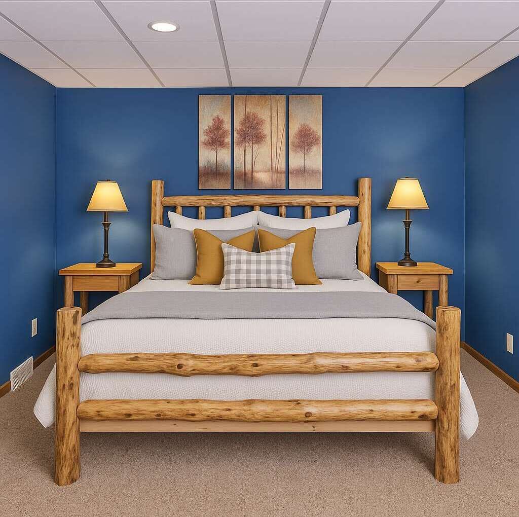 Un dormitorio con cabecera de cama de madera, dos mesitas de noche con lámparas, y una pared azul con un cuadro.