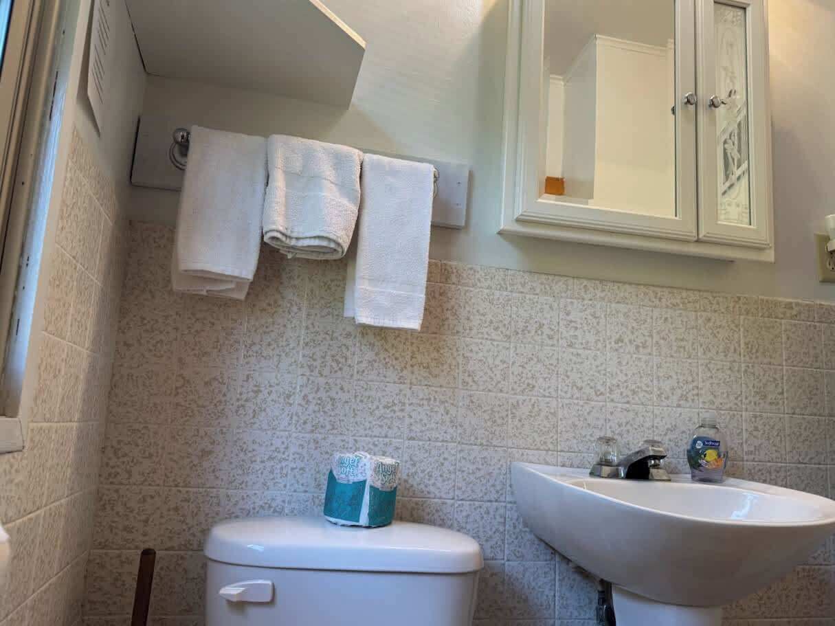 A bathroom with a toilet, sink, and towels hanging on the wall.