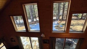 A cabin with three large windows offering views of a forest and a stream. - Camp Pinemere - Private Northwoods Retreat (Minocqua)