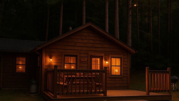 A wooden cabin with a porch, multiple windows, and a small deck area. - Old Stoney's Walleye- Pet Friendly (Woodruff)