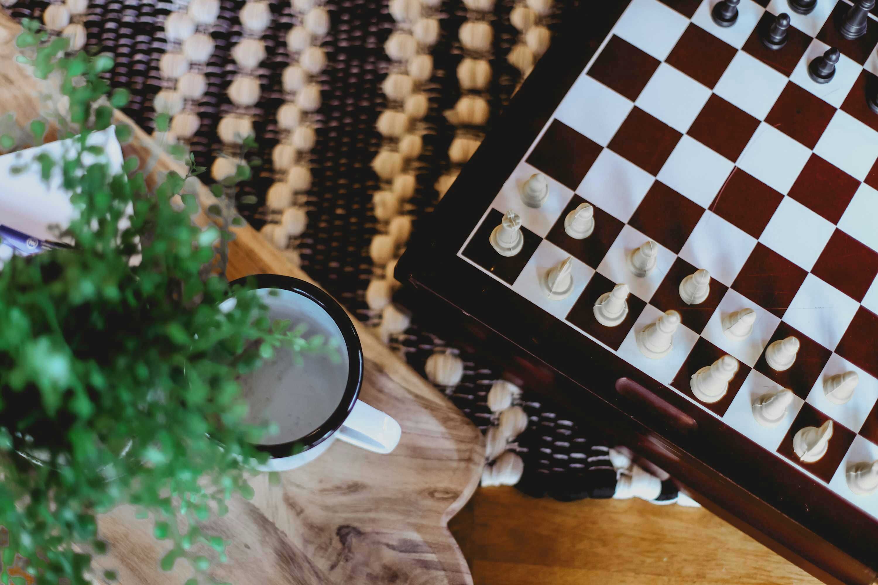 Un échiquier posé sur une surface en bois, avec une tasse et une plante à proximité.
