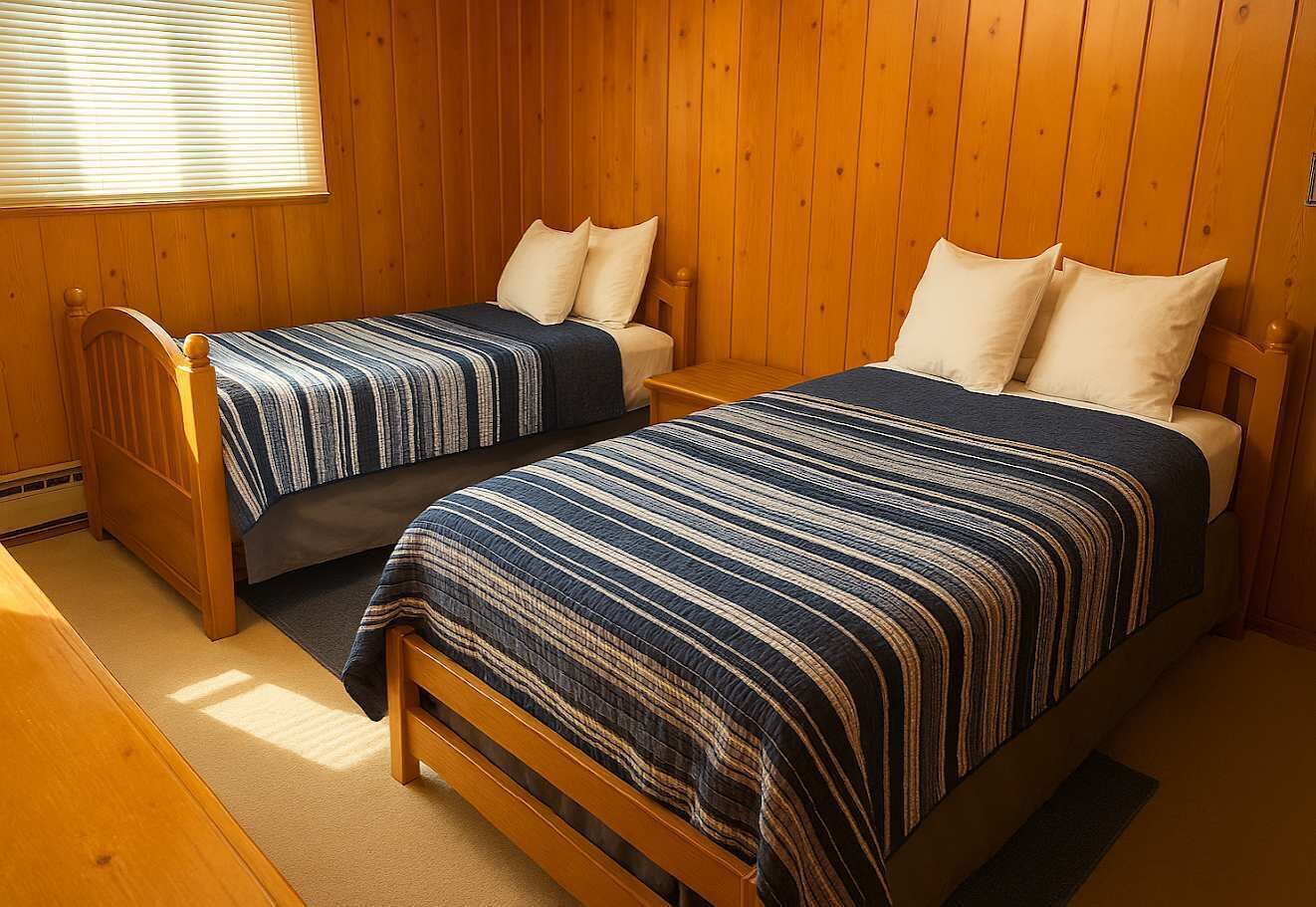 A room with two wooden beds, each with a striped bedspread, and a wooden bench.
