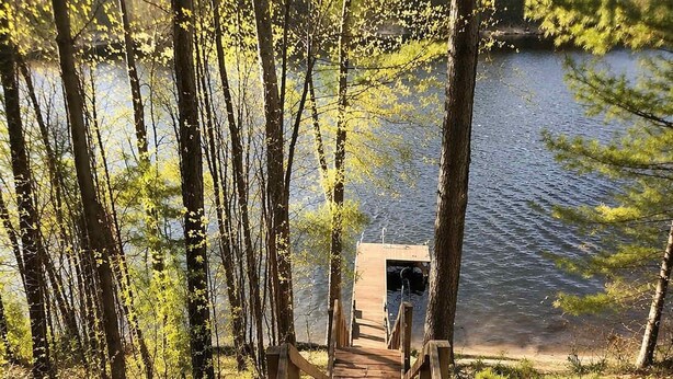 A wooden staircase leading to a dock over a body of water, surrounded by trees and foliage. - Iggy & Al's Treehouse: Northwoods Getaway (Hazelhurst)