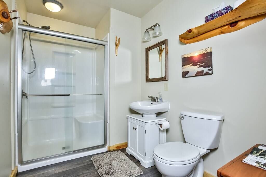 Un bagno con box doccia in vetro, un lavandino bianco, un water e una piccola mensola in legno con uno specchio e un quadro.